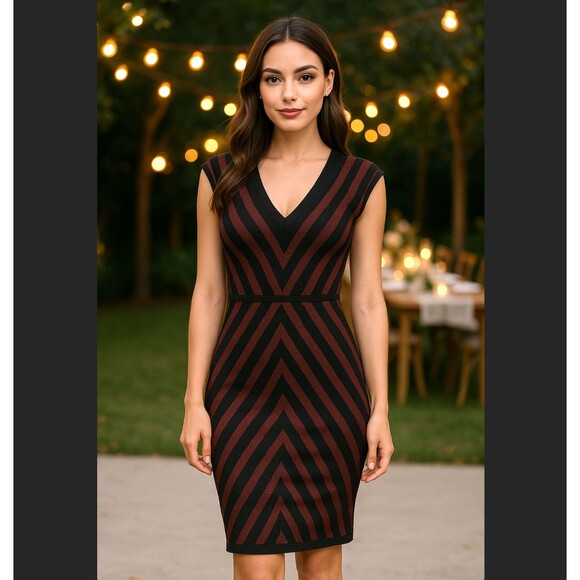 Max Studio Chevron Print Bodycon Dress Size XS Black Red V-Neck Sleeveless Knit - Picture 1 of 11